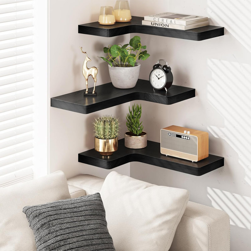 Ensemble de 3 tablettes flottantes Fixwal pour fixation murale en bois massif naturel 16 po x 11,4 po, Noir