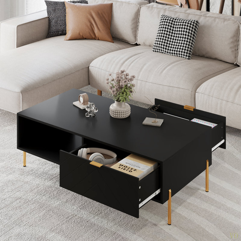 Table basse Mid-Century moderne avec tiroirs doubles, Noir