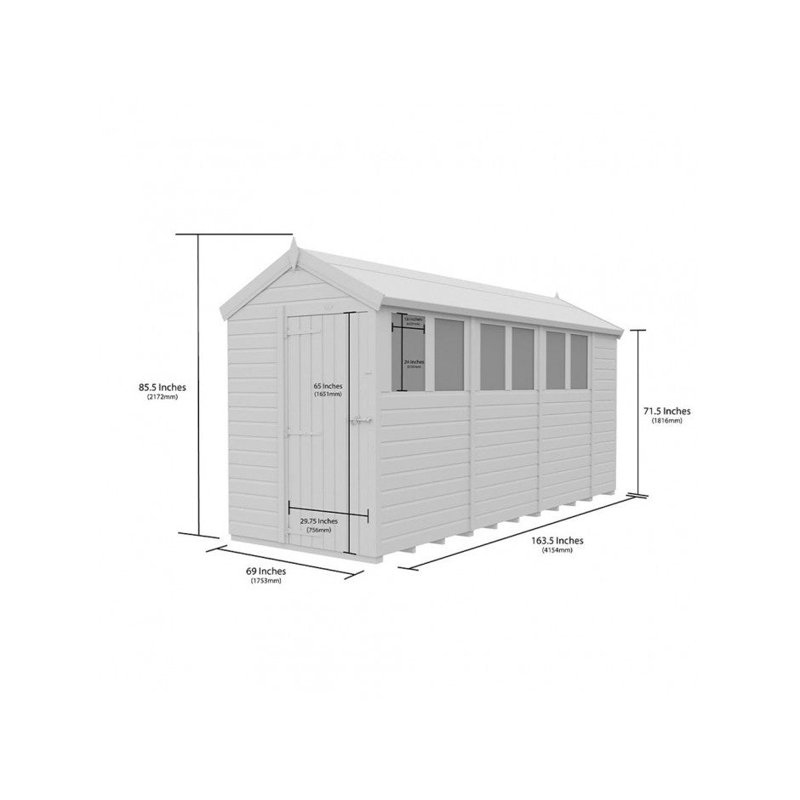 Total Sheds 5ft x 14ft Apex Garden Shed - Single Door - With Windows - Pressure Treated Timber - UK Manufactured