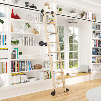 Maple 8.06' 7-Step Wood Rolling Contemporary Wheel Ladder