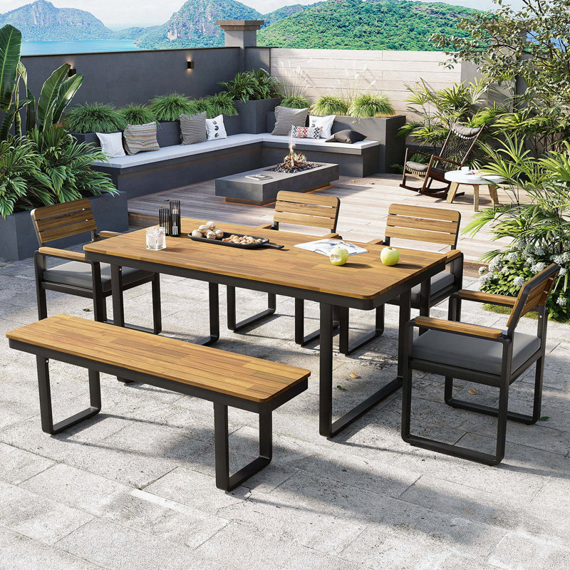 Ensemble de salle à manger 6 pièces en bois d'acacia pour 6 à 7 personnes, Gris