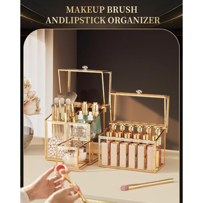 Glass Makeup Brush Holder with Lid & Lipstick Organizer, Clear | Clear tempered glass, gold-tone frame, 2-piece set with lidded brush holder and 18-slot lipstick organizer