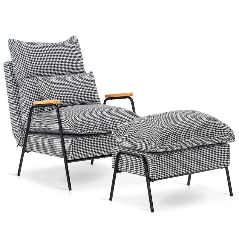Fauteuil inclinable moderne avec repose-pieds, fauteuil en tissu de lin avec dossier réglable et coussin, Pied-de-poule