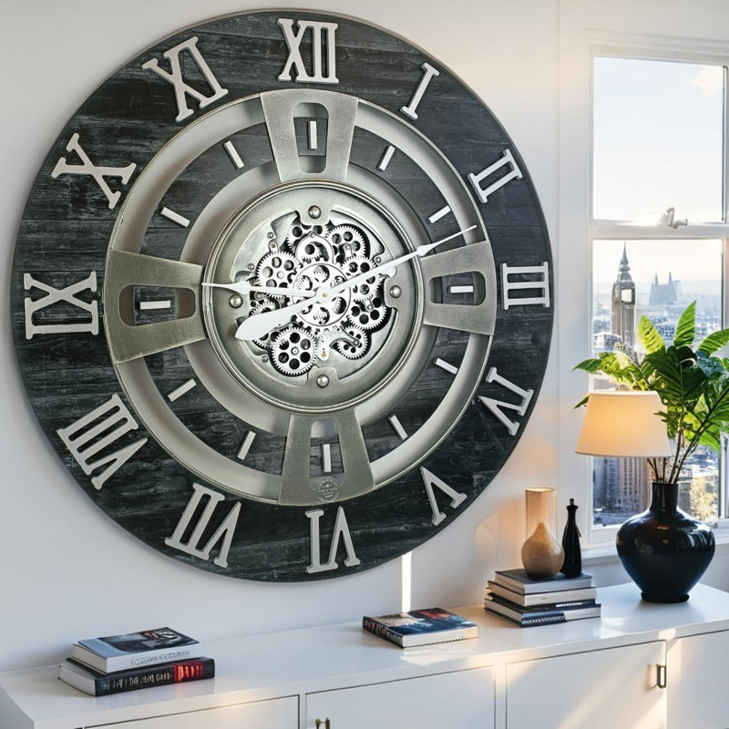 Oversized Vintage Black Wall Clock with Real Moving Gears