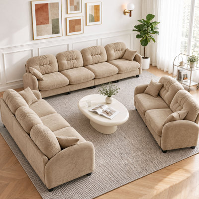107" Oversized Chenille Deep Seat Sofa, Extra-Long 4-Seater Cloud Couch with Pocket Spring Cushions and 2 Pillows, Large Modular Living Room Sofa, Camel