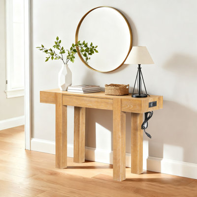 Rustic Console Table with Hidden Drawer and  Power Outlets for Living Room, Hallway