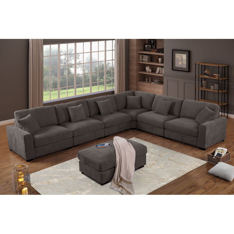 Canapé modulaire en coin 7 pièces avec repose-pieds réversible en chenille 9 pièces Chenille, Polyester gris foncé khailey