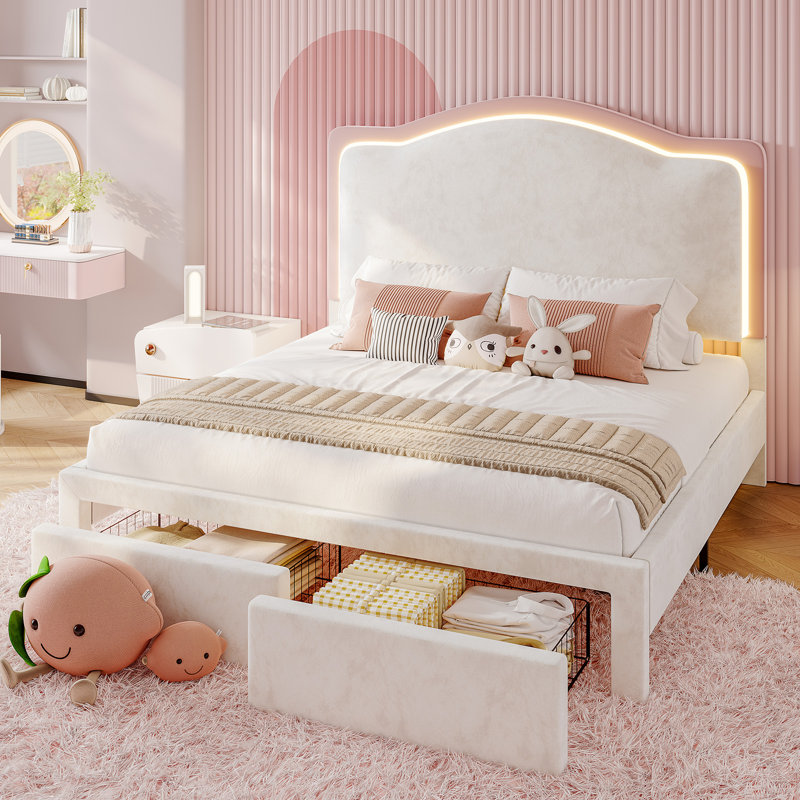 Chaille LED Bed Frames with Storage Drawer, Upholstered Platform Bed with Adjustable Headboard, White/Pink, Full