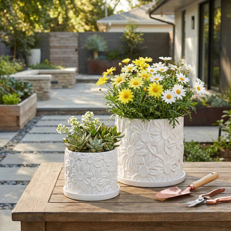 Floral Ceramic Planter Set for Outdoor and Indoor Planter Styling - Decorative Flower Pots for Home Decor in Living Room or Patio