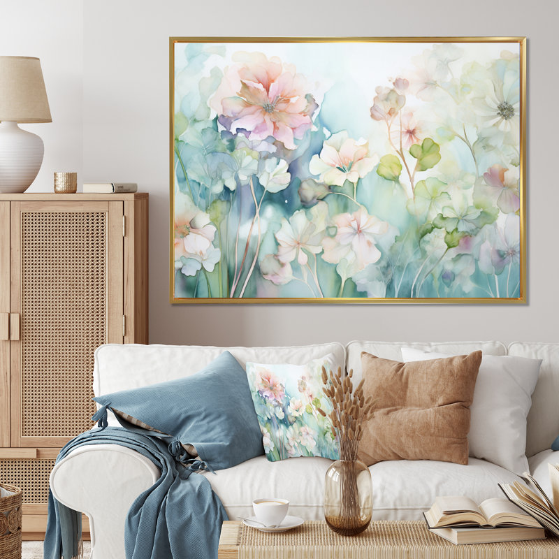 «Blue Enchanted Gardens III - Abstract Botanicals», reproduction d'art sur toile, L 32 po x H 24 po, Cadre flottant doré