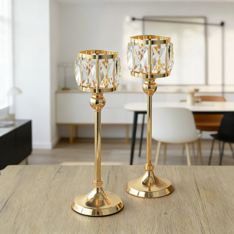 Crystal Tealight Candelabra With 2 Bowl Holders, Elegant Wedding And Table Centerpiece Decor, Gold-Tone Metal Arch Base, Gold