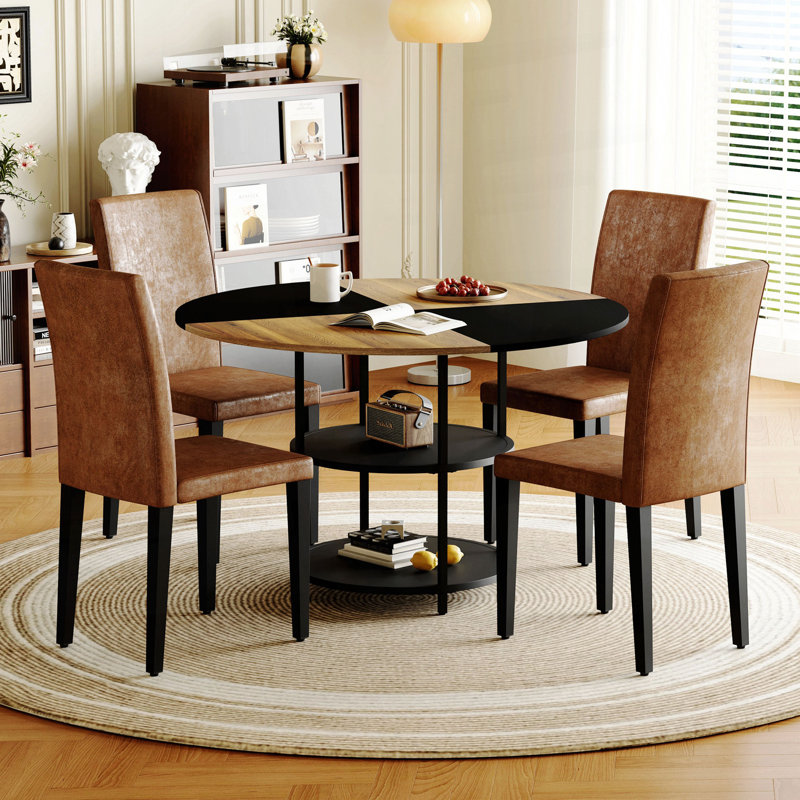 Ensemble de table et de chaises.Une table de salle à manger circulaire de couleur moderne épissée de 47,3 pouces de diamètre - rangement double couche.Avec 4 chaises de salle à manger, simples et polyvalentes, confortables.