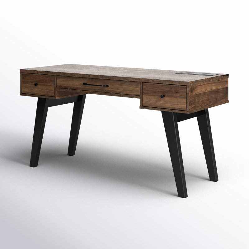 Kauan Executive Desk with Power Outlet, Matte Black & Natural Walnut