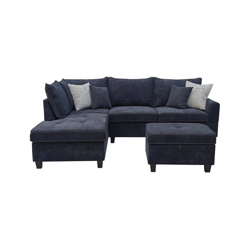 Canapé modulaire en tissu noir de 99,5 po avec méridienne et repose-pieds de rangement Gabriella