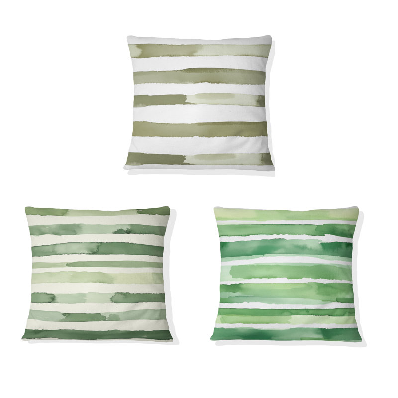 Country Farmhouse Accent Pillow - Green And White Olive Drift Striped Green Printed Cushion, H 16 po x l 16 po