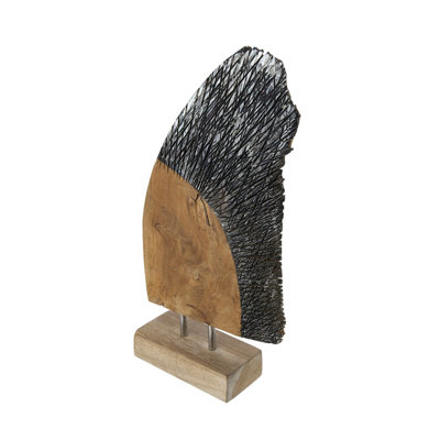 Upin Abstract Wing Sculpture On Base, Brown Wood, Black Metal, 16 Inch
