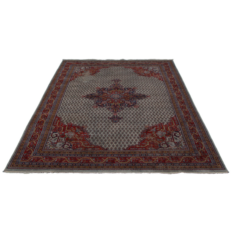 Tapis unique en laine noué à la main style Kosak des années 1990 de 8 pi x 11 pi 2 po gris / rouge Anatolja