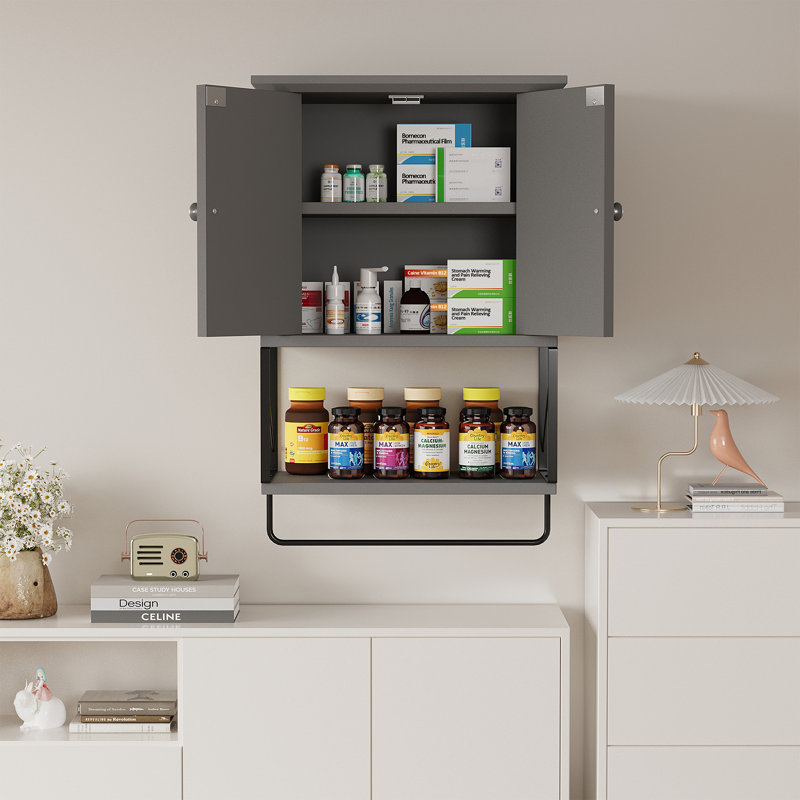 Armoire de salle de bain murale de petite taille avec tablette réglable et barre à serviettes, Gris