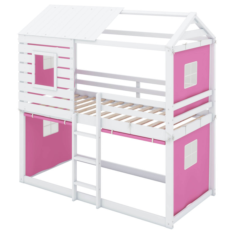 Yaraghi Bunk Wood House Bed with Tent, Twin Over Twin, Pink/White