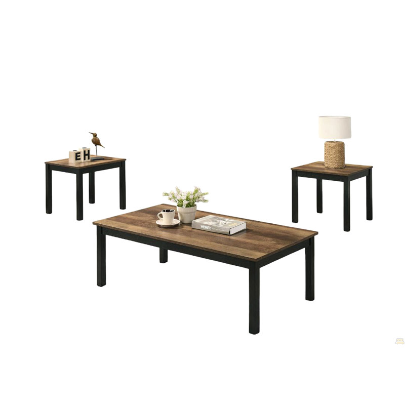 Ensemble de table 3 pièces 1 table basse 1 table de bout 2 pieds en faux marbre, Brun