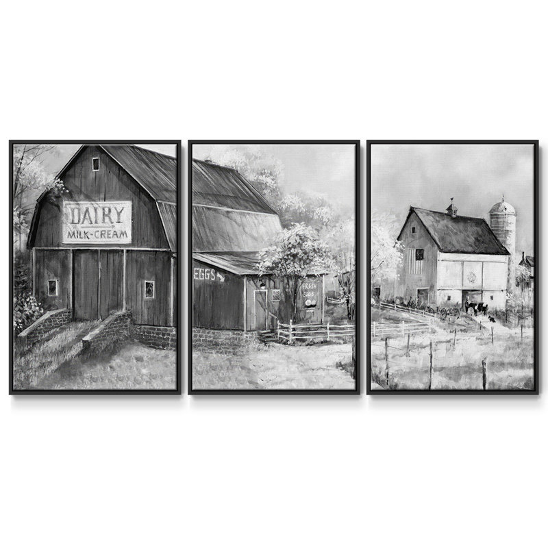 "Day At The Farm", peinture sur toile 3 pièces, H 24 po x l 48 po, Cadre noir