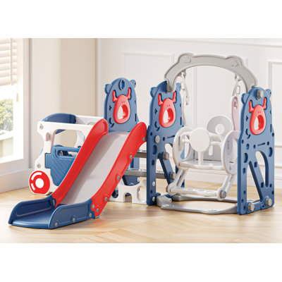 4 In 1 Toddler Slide And Swing Set, Bus-Themed Kids Slide With Basketball Hoop, Indoor Outdoor Playset