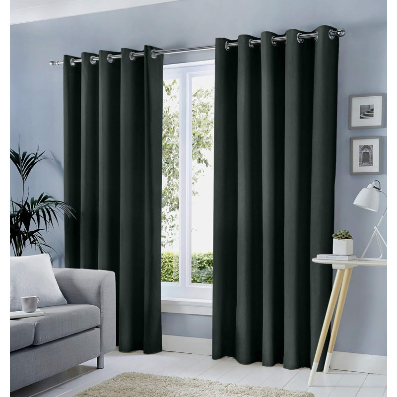 Blackout Eyelet Curtains Pair - Heavy Thermal Insulated Window Panels, 168cm Width x 183cm Drop, Black