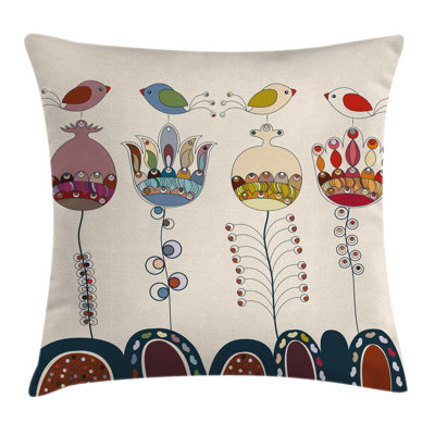 Garden Stylized Birds Flowers Pillow Cover