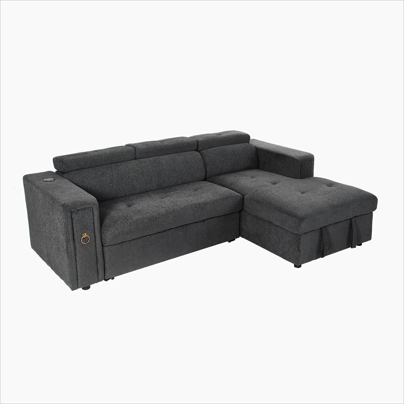 Pull-Out Sofa Bed L-Shape Sectional Sofa with Adjustable Headrest, Wireless Charging