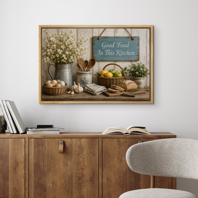 «Good Food In This Kitchen Rustic Farmhouse Kitchen Decor», reproduction d'art sur toile encadrée, 24" H x 36" W x 1.5" D