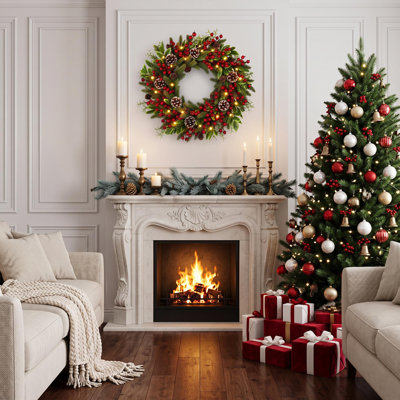 24" Lush Pine Christmas Wreath with LED Lights, Pine Cones and Red Berries