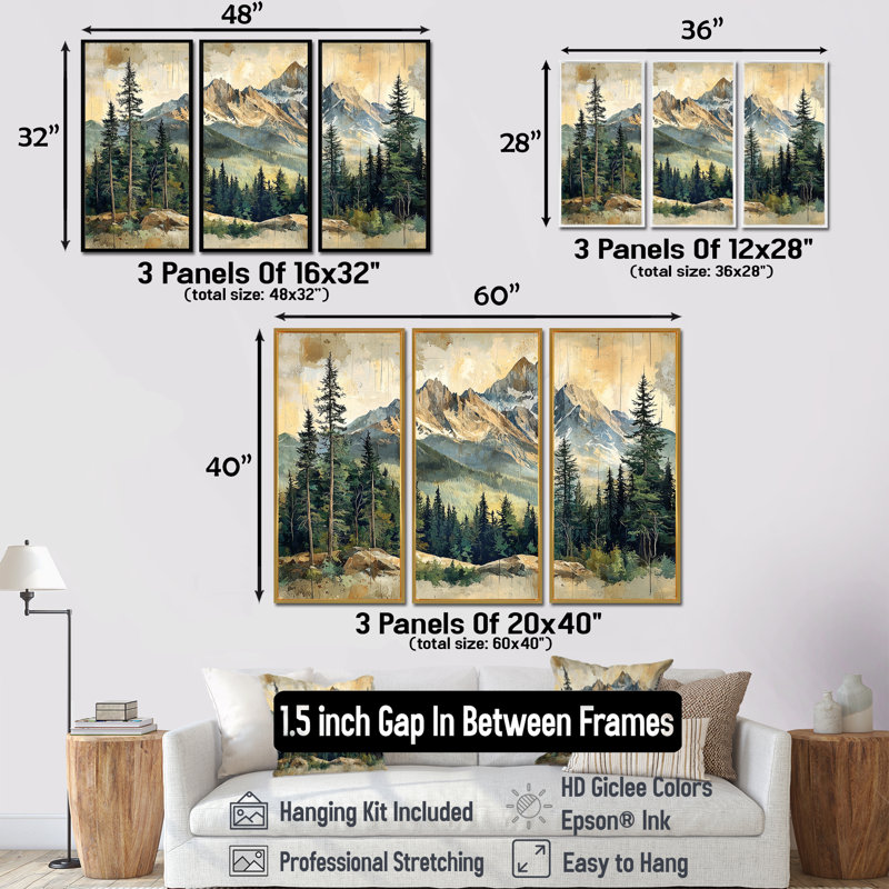Paysage de montagne en montagne I - Art mural montagnes - ensemble de 3, H 28 po x l 36 po, Argent argent