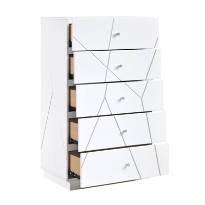 Commode de rangement glamour à 5 tiroirs avec détails géométriques pour la chambre à coucher