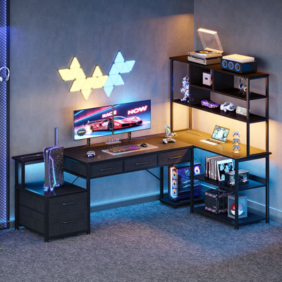 L-shaped Desk With Bookshelf,home Office Desk With Cabinet,computer Desk With Recessed Outlets & Led Lights,writing Desk With Fabric Storage Drawers