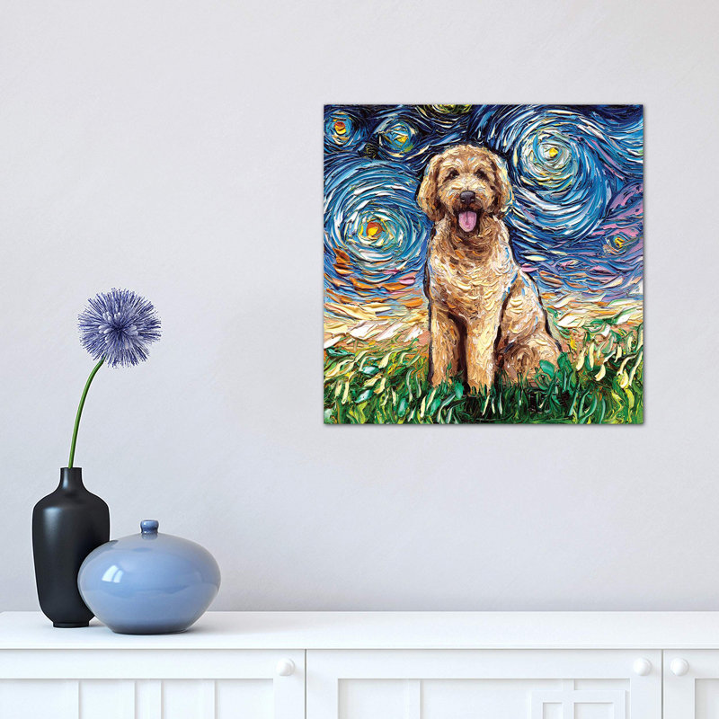 Goldendoodle Night by Aja Trier - Painting on Canvas, 30.48 cm H x 30.48 cm W, Wrapped Canvas