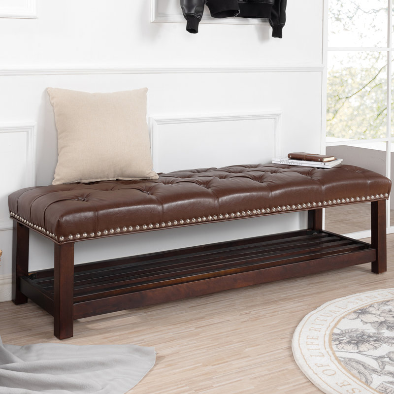 Banc de 60 po avec repose-pieds en cuir, chambre à coucher et salon, brun foncé avec pattes, rangement pour chaussures long, revêtement