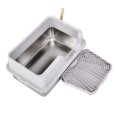 Litière pour chat en acier inoxydable l 23 po x H 13 po avec filtre à pédale et pelle sans odeur Facile à nettoyer
