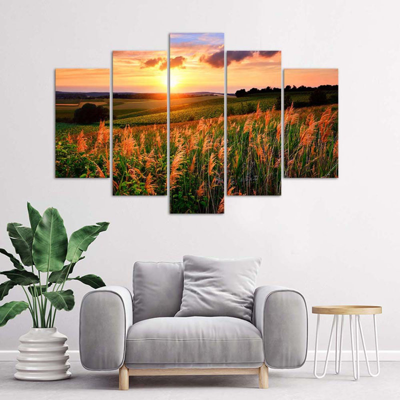 Sunset Flowers Meadow - 5 Piece Wrapped Canvas Print, 100cm H x 200cm W