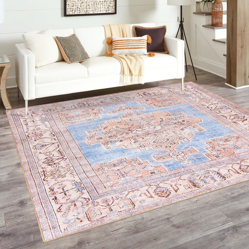 Tapis traditionnel de couleur bleu-brun, Carré 7 pi 6 po x 7 pi 6 po