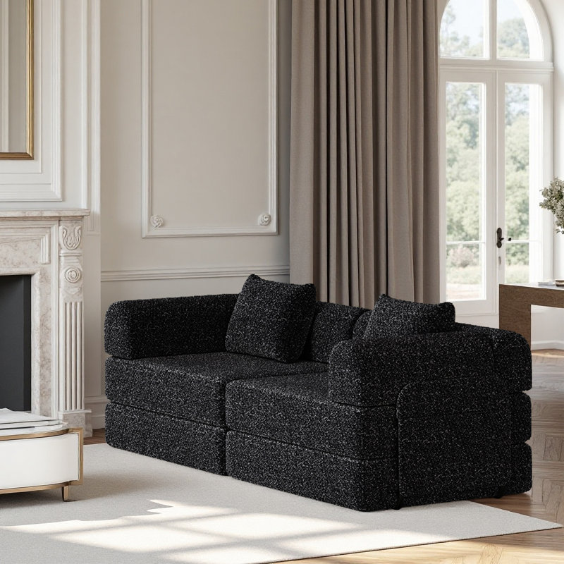 Boneless 72.4" Convertible Sofa Bed, Sofa With Two Side Storage Pockets And Two Cushions, Black Corduroy