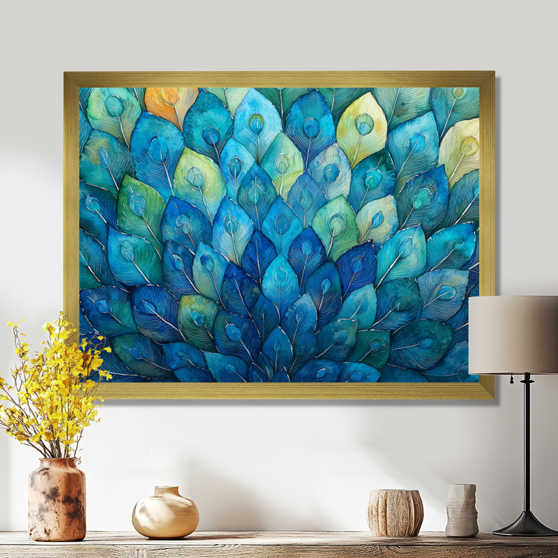 Collage de plumes de paon bleu et vert Grimmett I - paon, art mural, H 12 po x l 20 po, Cadre simple, Doré