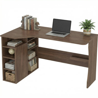 Bureau en coin réversible en forme de L avec tablettes de rangement à 3 niveaux, poste de travail d'écriture compact pour petits espaces avec finitions en bois de noyer et de chêne pour les salles d'étude de bureau à domicile