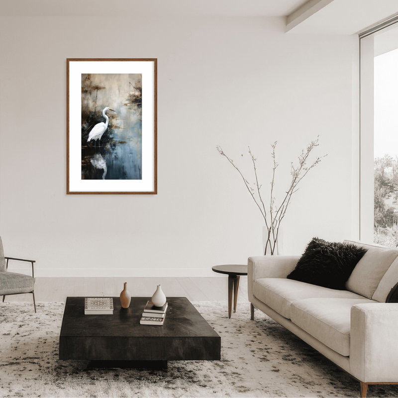Nature Inspired Egret In Lake, Black, Framed Matted Print, 48" H x 36" W x 1.125" D