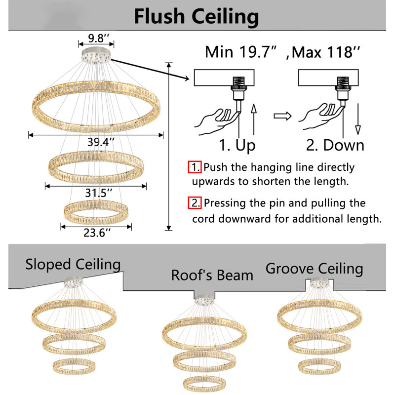 Large Dimmable Chandelier Led Crystal Rings, Silver, 78" H x 39.4" W x 39.4" D