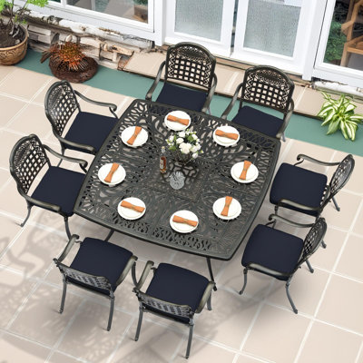 9-Piece Outdoor Furniture Dining Set For 8, All Weather Cast Aluminum Patio Dining Set- Large 64" Square Table With Umbrella Hole And 8 Cushioned Chairs, Patio Table And Chairs Set