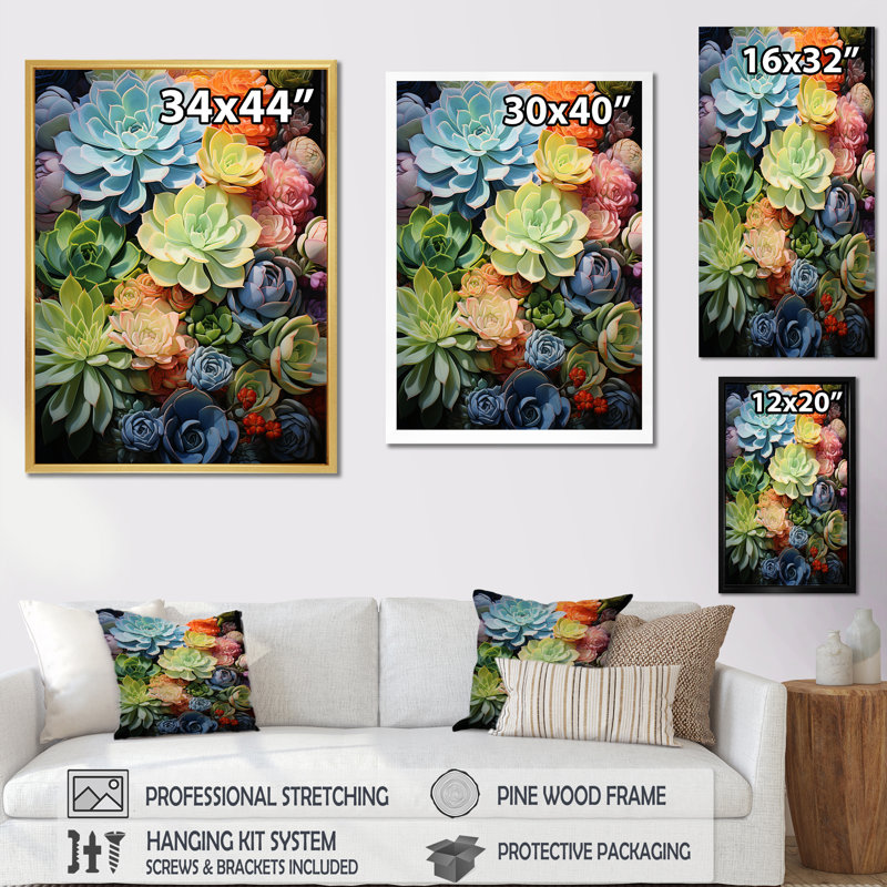 Multicolore succulent minimalisme minima - décoration murale succulente, H 20 po x l 12 po x P 1 po, Cadre doré simple