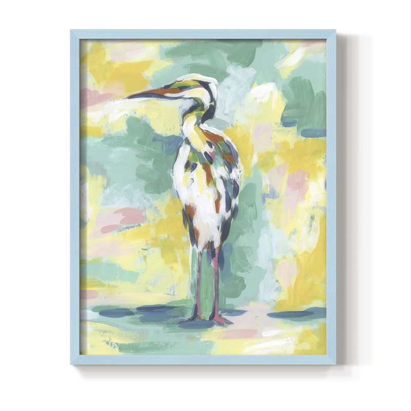 Bright Heron Fresco IV, reproduction encadrée - bois massif, H 30 po x l 24 po, Bleu