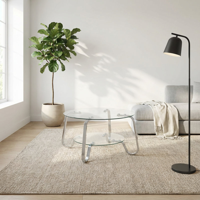 Table basse carrée rétro en verre trempé à structure double en métal avec design élégant, Argent argent