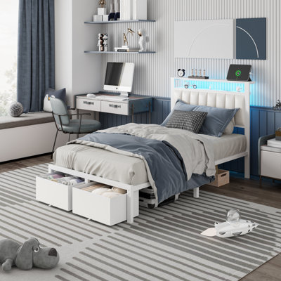 Cadre de lit rembourré avec 2 tiroirs de rangement, lit plateforme moderne simple avec station de recharge et lumière DEL, sans sommier nécessaire