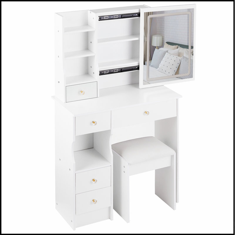 Petit meuble-lavabo de 29,2 po avec tabouret de bureau et tabouret rembourré à gauche 29,5 po, grande commande tactile, interrupteur tricolore, miroir à luminosité réglable, rangement à grande capacité, convient aux petits espaces